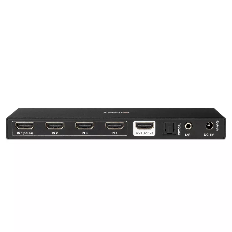 Lindy 4 prievadų HDMI 8K60 jungiklis su eARC, HDMI, USB A, USB C