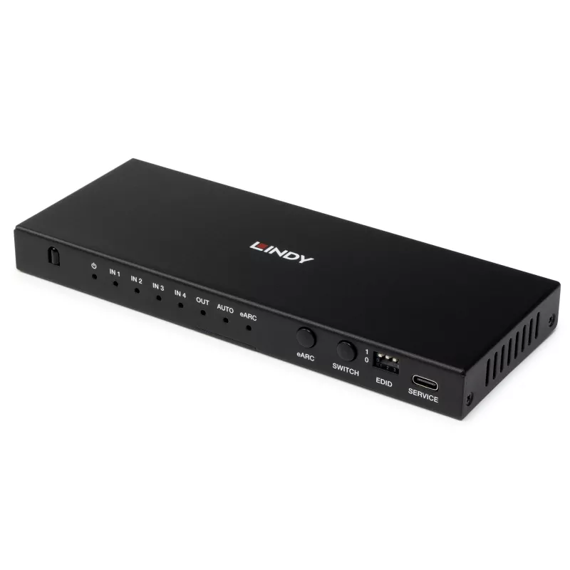 Lindy 4 prievadų HDMI 8K60 jungiklis su eARC, HDMI, USB A, USB C