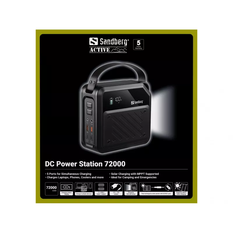Nešiojama DC galios stotelė SANDBERG Sandberg DC Power Station 72000 – LMFP 72 000 mAh, DC ir USB-C įėjimas, juoda