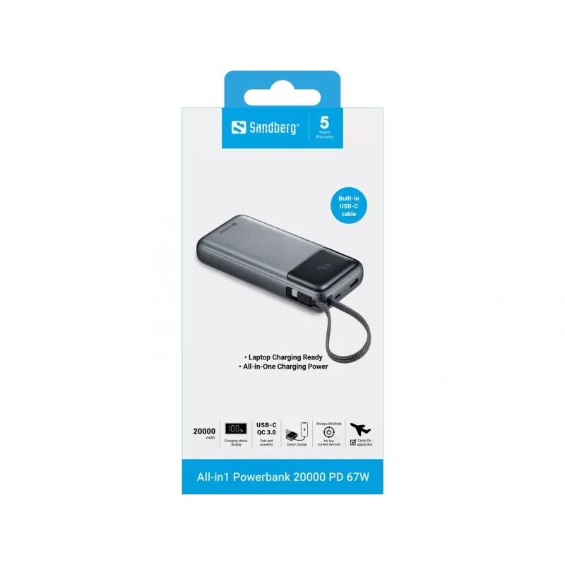 Powerbank Sandberg All-in1 20000 PD 67W – 20000 mAh LiPo, 1×USB-A, 1×USB-C, 15W išvestis, juoda/pilka