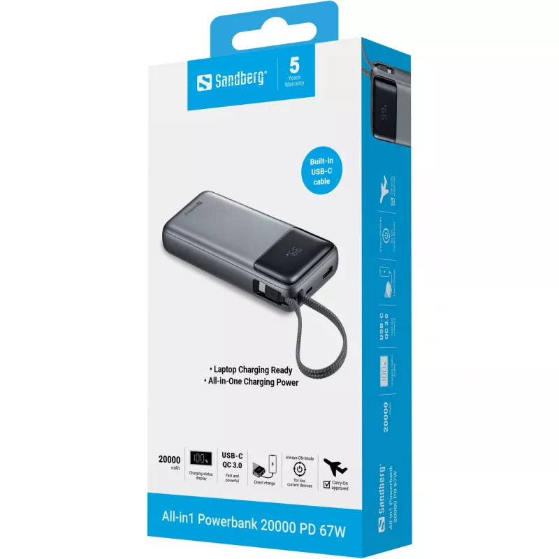 Powerbank Sandberg All-in1 20000 PD 67W – 20000 mAh LiPo, 1×USB-A, 1×USB-C, 15W išvestis, juoda/pilka