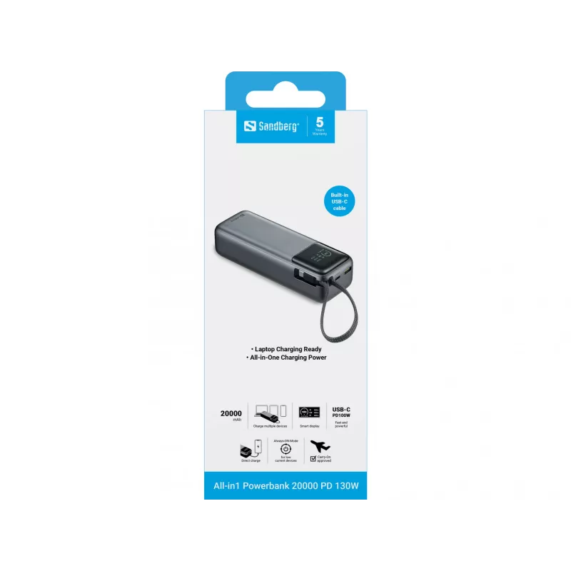 Nešiojamas powerbank SANDBERG All-in1 Powerbank 20000 PD 130W – 20000 mAh, LiPo, USB-A 1x, USB-C 1x, 130 W, juoda/pilka
