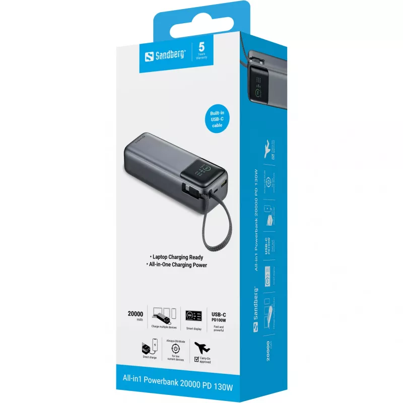 Nešiojamas powerbank SANDBERG All-in1 Powerbank 20000 PD 130W – 20000 mAh, LiPo, USB-A 1x, USB-C 1x, 130 W, juoda/pilka