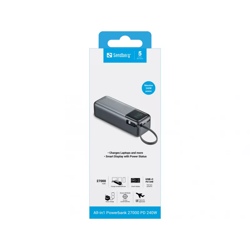 Powerbankas SANDBERG All-in1 27000 PD 240W – 27000 mAh LiPo, 240W išėjimas, 1× USB-A, 1× USB-C, 3,6V – Juoda/Pilka