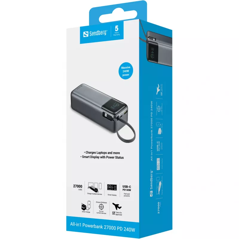 Powerbankas SANDBERG All-in1 27000 PD 240W – 27000 mAh LiPo, 240W išėjimas, 1× USB-A, 1× USB-C, 3,6V – Juoda/Pilka