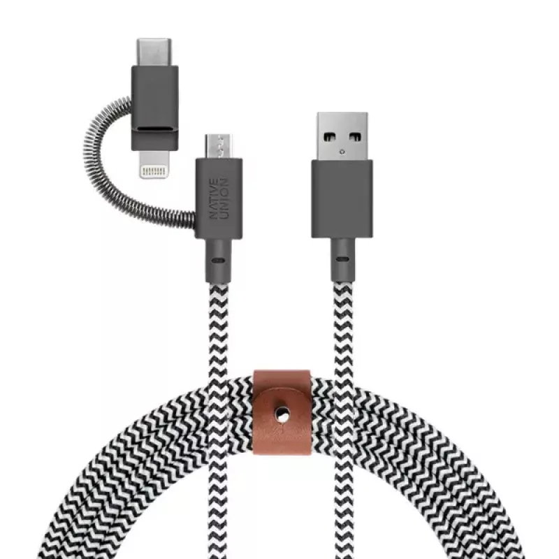 USB 2.0 duomenų kabelis Native Union BELT-ULC-ZEB-NP 2 m USB A į USB‑C / Micro‑USB B / Lightning juodas baltas