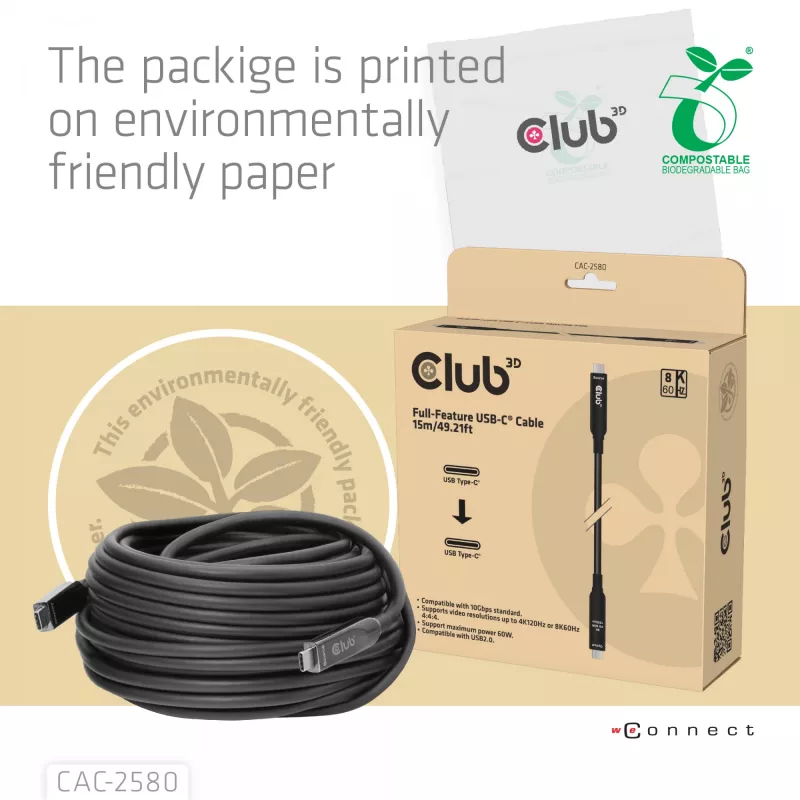 CLUB3D 15 m USB-C® laidas / 49.21 pėdos 8K60Hz 10Gbps 60W