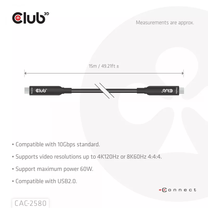 CLUB3D 15 m USB-C® laidas / 49.21 pėdos 8K60Hz 10Gbps 60W