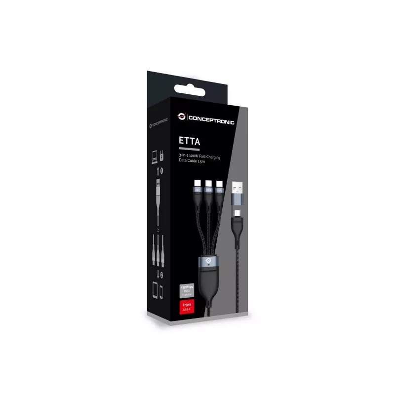 Conceptronic ETTA06B15C 3-in-1 100W greito įkrovimo duomenų laidas 1,5 m, trigubas USB-C, USB 2.0, E-Mark
