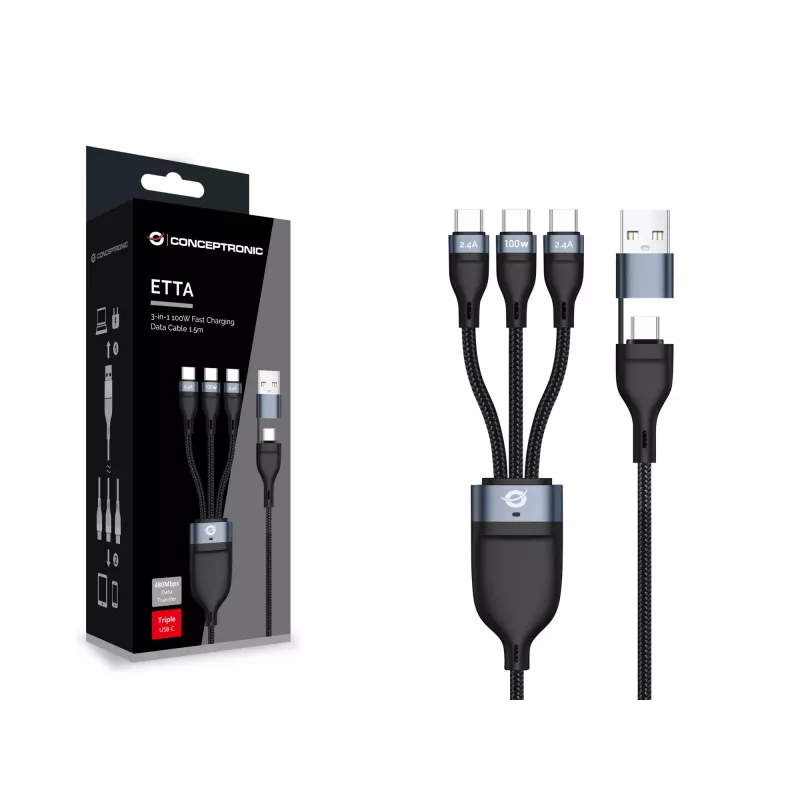 Conceptronic ETTA06B15C 3-in-1 100W greito įkrovimo duomenų laidas 1,5 m, trigubas USB-C, USB 2.0, E-Mark