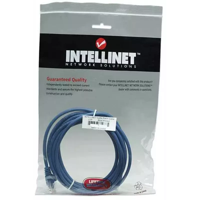 Intellinet tinklo jungiamasis kabelis Cat5e, 1 m, mėlynas, CCA, U/UTP, PVC, RJ45, paauksuoti kontaktai, apsaugotas nuo užkliuvimo, su gaubtuku, viso gyvenimo garantija