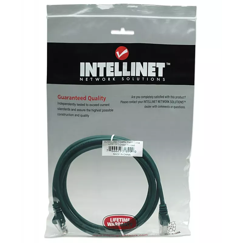 Intellinet tinklo kabelis Cat5e, 2 m, žalias, CCA, U/UTP, PVC, RJ45, paauksuoti kontaktai, be užkliuvimo, su gaubtu, viso gyvenimo garantija