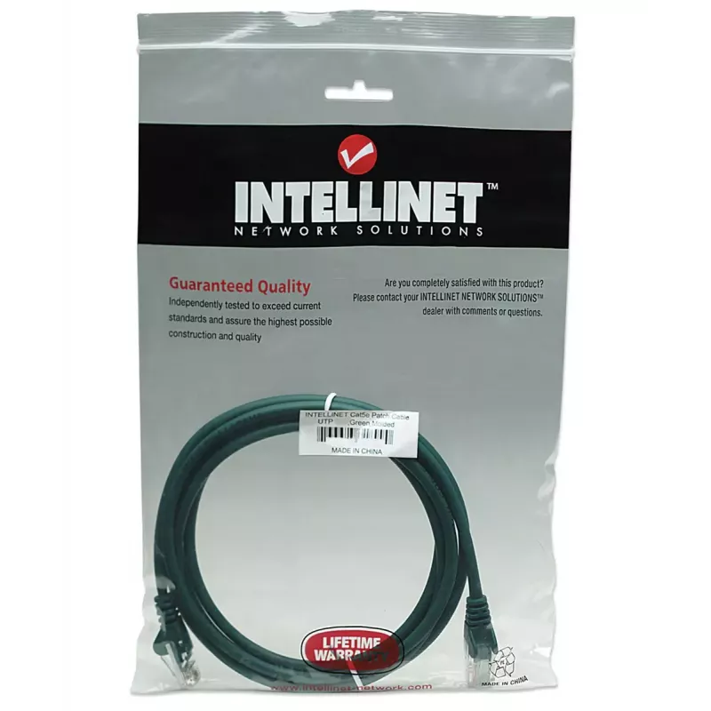 Intellinet tinklo laidas Cat5e, 5 m, žalias, CCA, U/UTP, PVC, RJ45, auksuoti kontaktai, be kliūčių, su apsauga, viso gyvenimo garantija