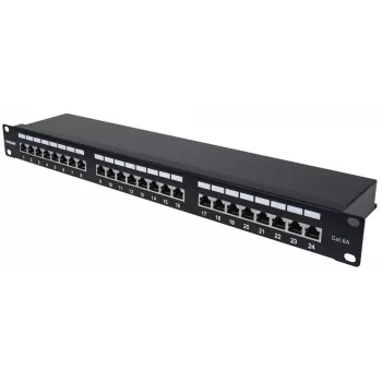 Intellinet skydinis skirstytuvas, Cat6a, FTP, 24 prievadai, 1U, ekranuotas, 90° viršutinis įvadas, juodas