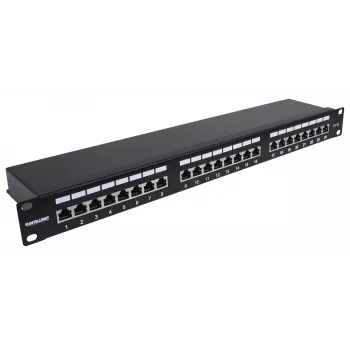 Intellinet skydinis skirstytuvas, Cat6a, FTP, 24 prievadai, 1U, ekranuotas, 90° viršutinis įvadas, juodas