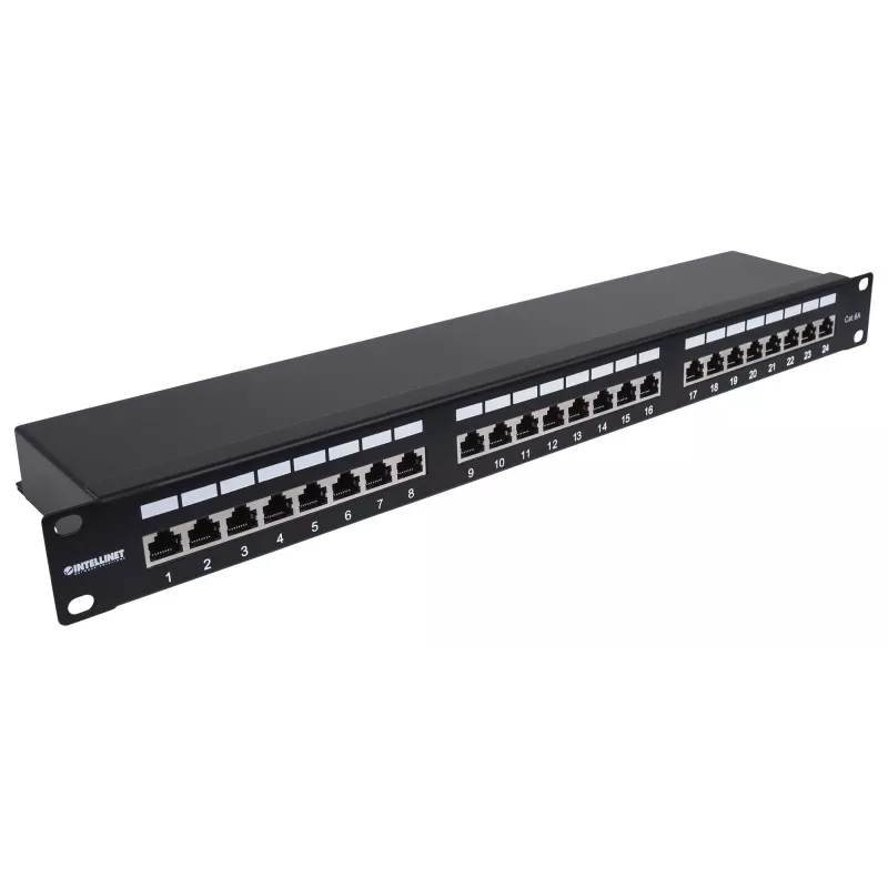 Intellinet skydinis skirstytuvas, Cat6a, FTP, 24 prievadai, 1U, ekranuotas, 90° viršutinis įvadas, juodas