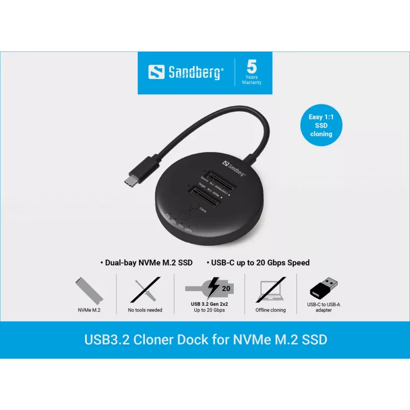 Sandberg USB 3.2 Cloner Dock, skirta NVMe M.2 SSD, juoda, 20 Gbit/s