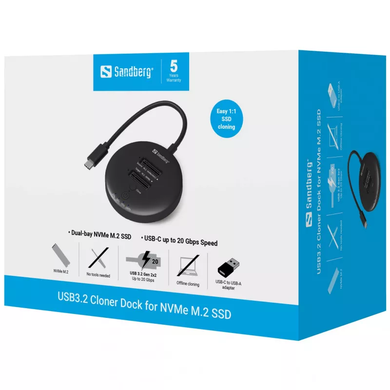 Sandberg USB 3.2 Cloner Dock, skirta NVMe M.2 SSD, juoda, 20 Gbit/s