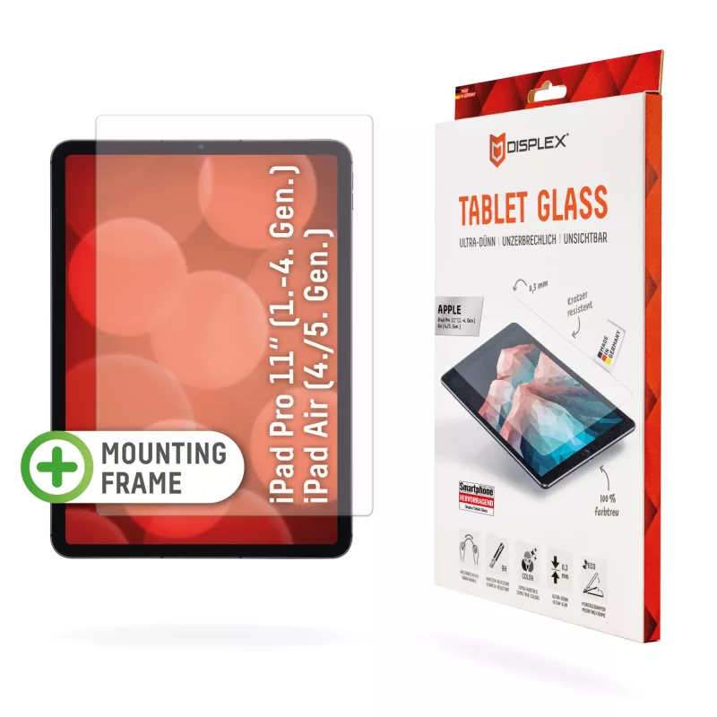 Displex Tablet Glass (9H), apsauginis stiklas Apple iPad Pro 11'' (1./2./3./4. kart.) / Air (4./5. kart.), su Eco montavimo rėmeliu, nedūžtantis, itin plonas, nematomas