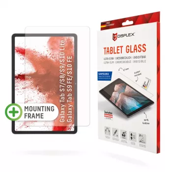 Displex apsauginis stiklas (9H) planšetei Samsung Galaxy Tab S7/S8/S9/S9 FE/S10 FE/S10 Lite su EASY-ON® Eco montavimo rėmeliu, nedūžtantis
