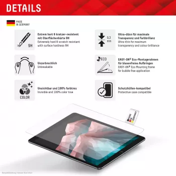 Displex apsauginis stiklas (9H) planšetei Samsung Galaxy Tab S7/S8/S9/S9 FE/S10 FE/S10 Lite su EASY-ON® Eco montavimo rėmeliu, nedūžtantis