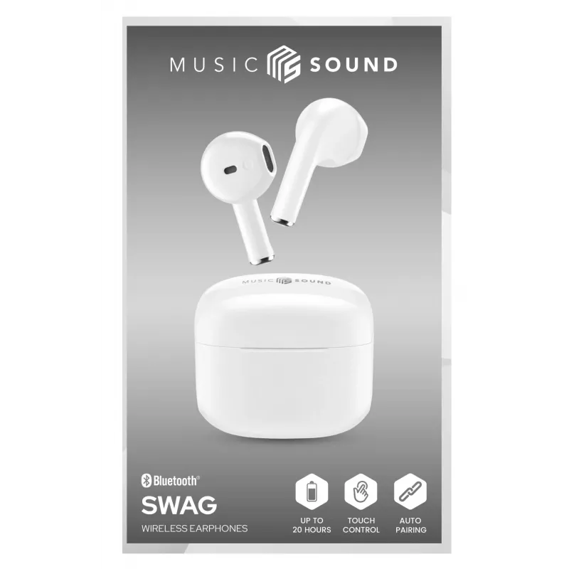 Belaidės ausinės „SWAG“ kapsulės formos, Bluetooth, 20 val. veikimo laikas, baltos