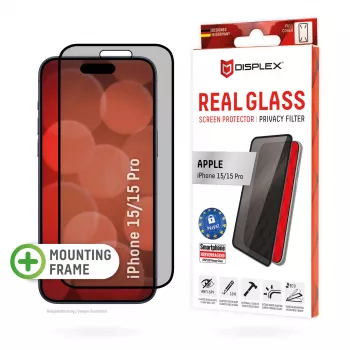 Displex privatumą užtikrinantis apsauginis stiklas (10H) Apple iPhone 15/15 Pro su Eco montavimo rėmeliu