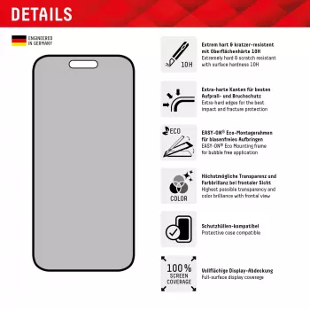 Displex privatumą užtikrinantis apsauginis stiklas (10H) Apple iPhone 15/15 Pro su Eco montavimo rėmeliu
