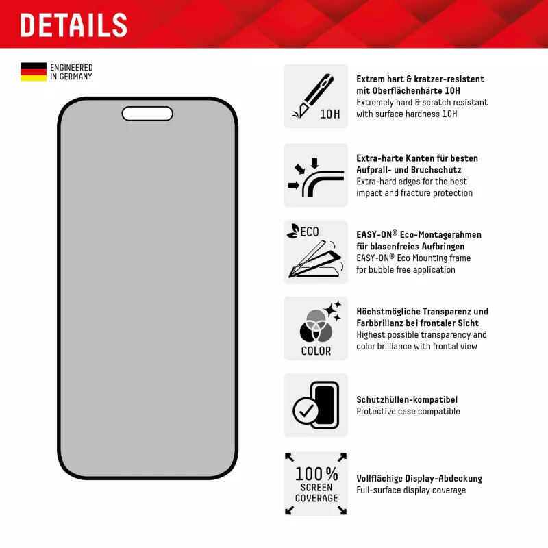 Displex privatumą užtikrinantis apsauginis stiklas (10H) Apple iPhone 15/15 Pro su Eco montavimo rėmeliu