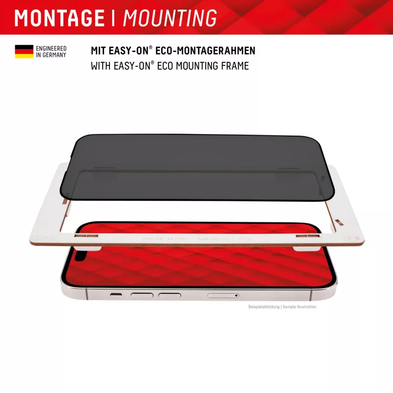 Displex privatumą užtikrinantis apsauginis stiklas (10H) Apple iPhone 15/15 Pro su Eco montavimo rėmeliu