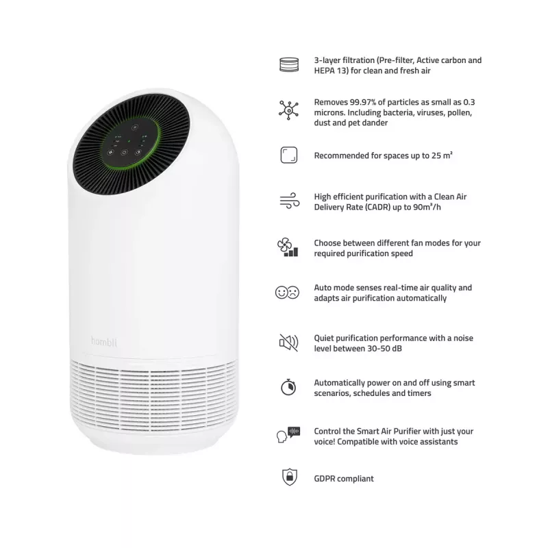 Oro valytuvas Hombli Smart Air Purifier by Avanca International BV, triukšmo lygis 30 dB, baltas ir juodas
