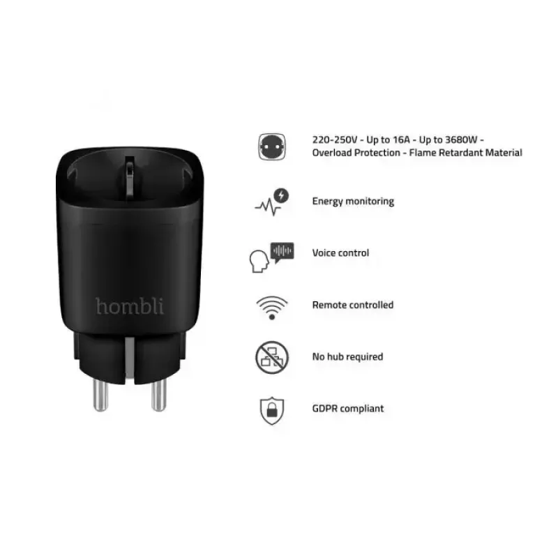 Hombli Smart Socket EU Black – išmanusis kištukinis lizdas su Wi‑Fi, 220–250 V, 3,68 kW, vidaus naudojimui