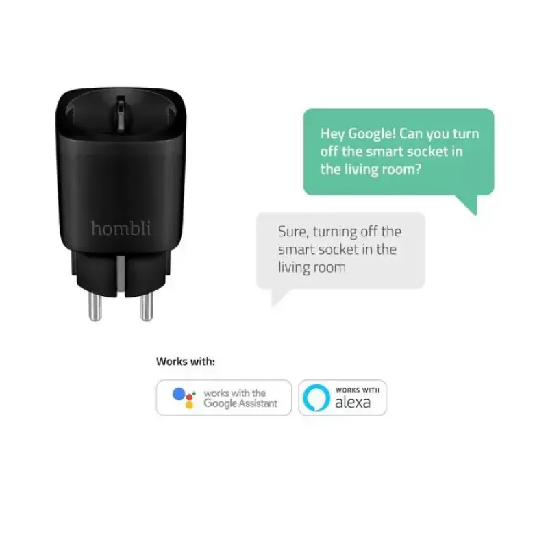 Hombli Smart Socket EU Black – išmanusis kištukinis lizdas su Wi‑Fi, 220–250 V, 3,68 kW, vidaus naudojimui