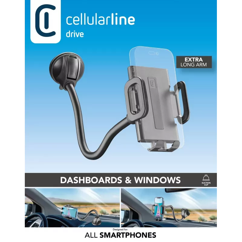 Universalus laikiklis telefonui su siurbtuku Cellularline Hug Flexi XL, juodai pilkas