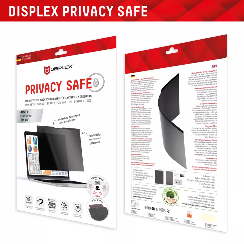 Displex PRIVACY SAFE magnetinis 2 krypčių privatumo filtras, skirtas MacBook Air 15 colių, matinis, 5H
