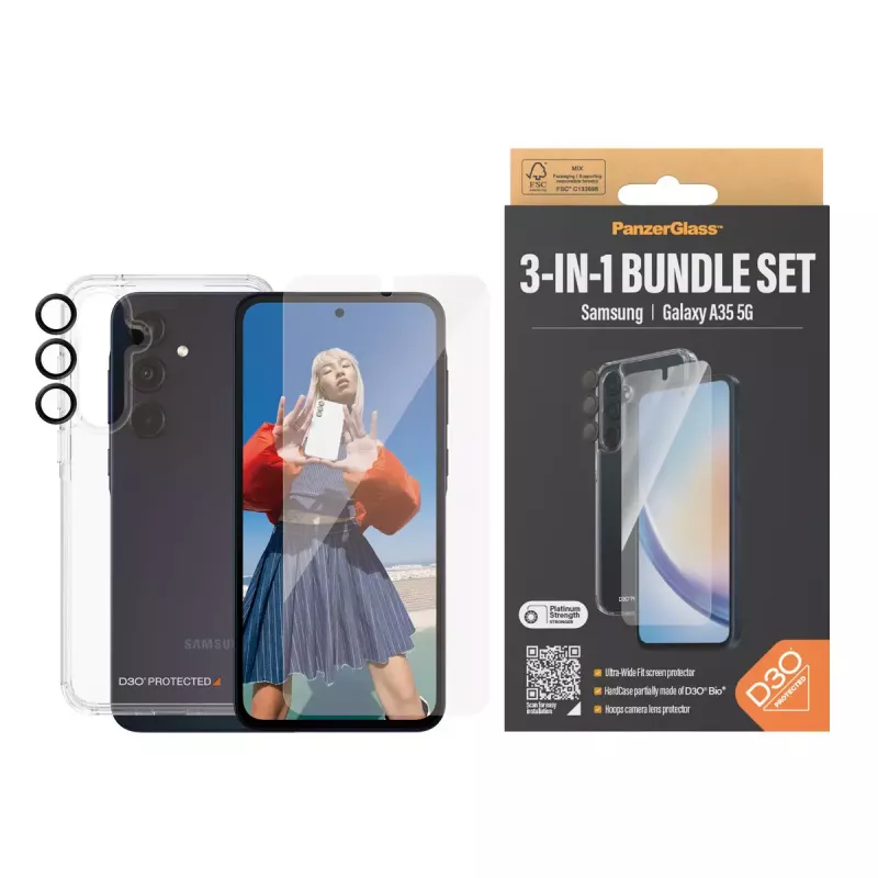 PanzerGlass ® 3 viename apsaugos rinkinys Samsung Galaxy A35 5G | Ultra-Wide Fit su EasyAligner