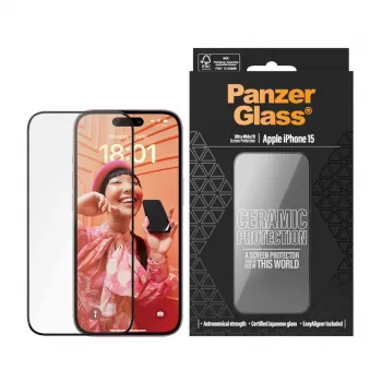 PanzerGlass Ceramic Protection apsauginis stiklas iPhone 15 Ultra-Wide Fit, atsparus įbrėžimams ir smūgiams