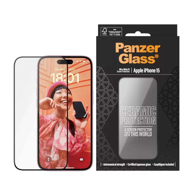 PanzerGlass Ceramic Protection apsauginis stiklas iPhone 15 Ultra-Wide Fit, atsparus įbrėžimams ir smūgiams