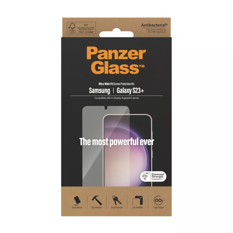 Apsauginis stiklas PanzerGlass Samsung Galaxy S23 Plus Ultra-Wide Fit, atsparus įbrėžimams ir smūgiams
