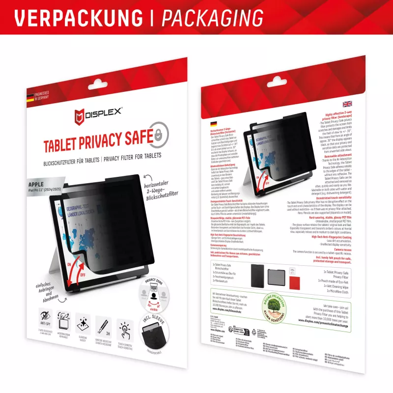 Displex TABLET PRIVACY SAFE nuimamas 2 krypčių privatumo filtras, skirtas iPad Pro 11'' (2025/2024)
