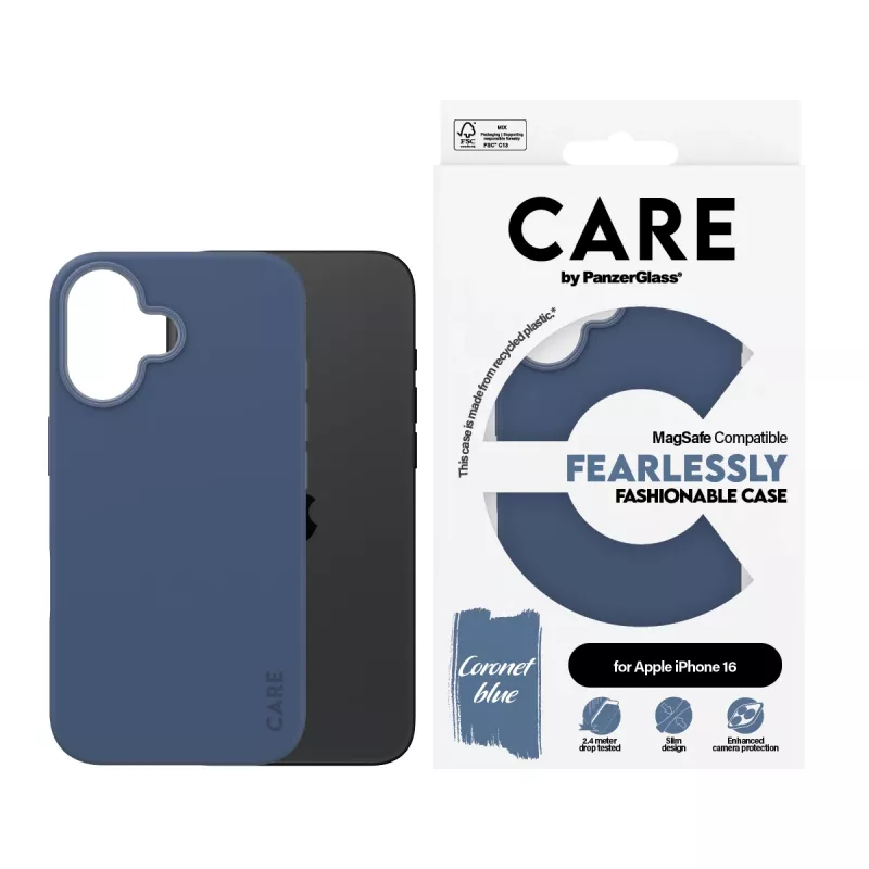 PanzerGlass CARE by Fashionable Case Blue w. MagSafe iPhone 16 – mėlynas permatomas dėklas