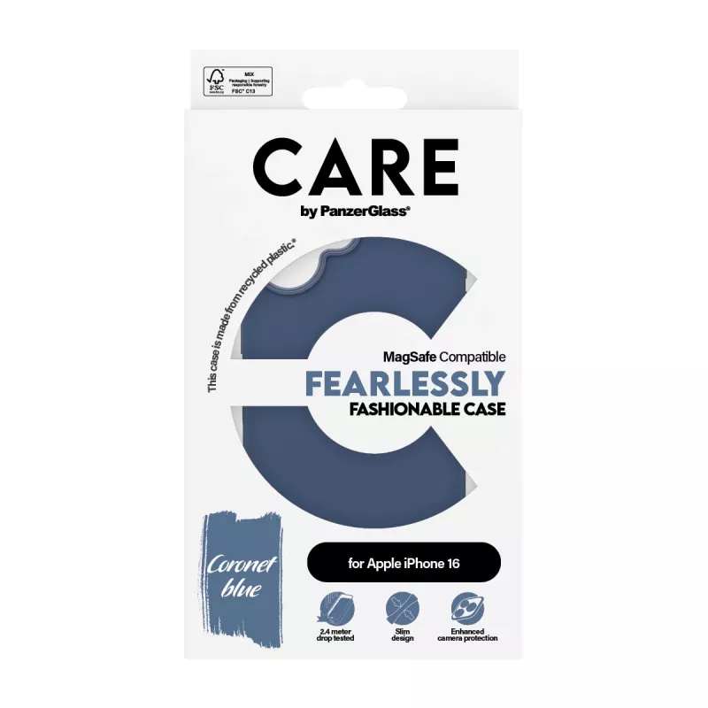 PanzerGlass CARE by Fashionable Case Blue w. MagSafe iPhone 16 – mėlynas permatomas dėklas
