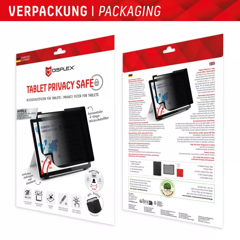Displex TABLET PRIVACY SAFE nuimamas dvipusis privatumo filtras, skirtas iPad 10,9 colio (10. kartos) / 11 colio (2025) / Air 11 colio (2024/2025)