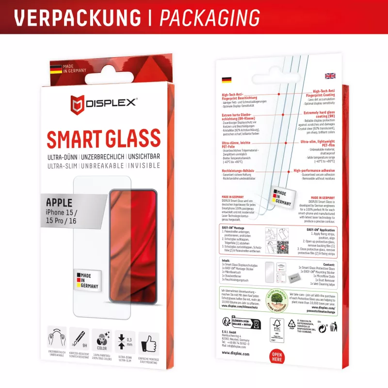 Displex Smart Glass (9H) Apple iPhone 15/15 Pro/16 apsauginis stiklas su montavimo lipduku, nedūžtantis