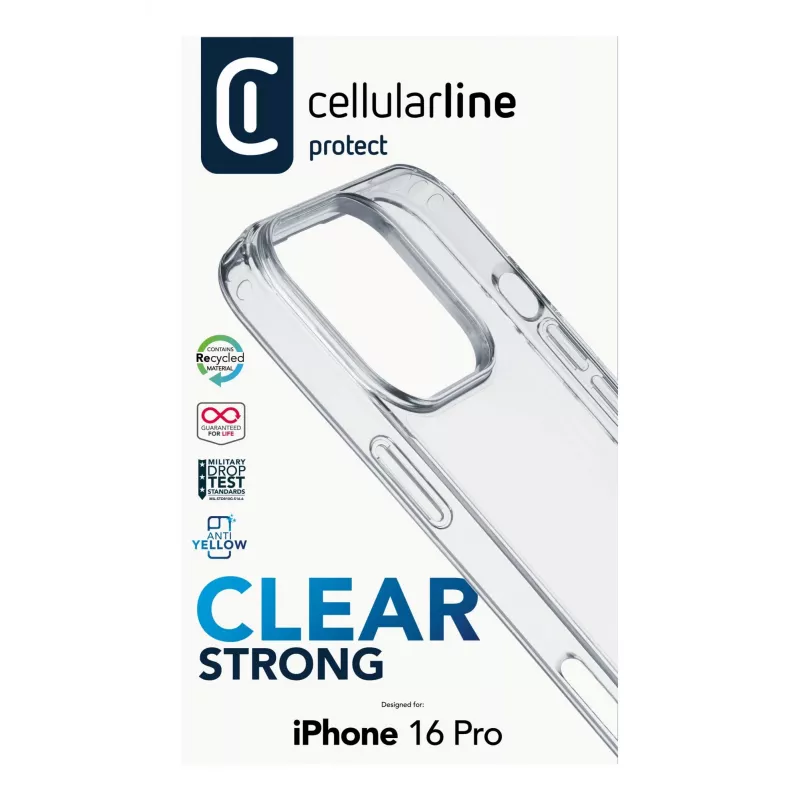 Cellularline Clear Strong kietas dėklas su guminiais kraštais, skirtas iPhone 16 Pro