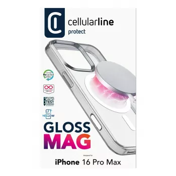 Cellularline Gloss Mag dėklas iPhone 16 Pro Max – permatomas, su magnetais, skirtas belaidžiam įkrovimui ir MagSafe laikikliams