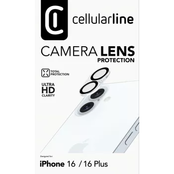Cellularline kameros objektyvo apsauga iPhone 16 – skaidrus, atsparus įbrėžimams ir smūgiams