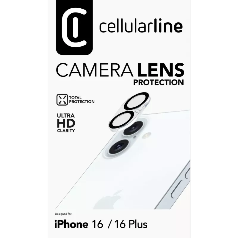 Cellularline kameros objektyvo apsauga iPhone 16 – skaidrus, atsparus įbrėžimams ir smūgiams