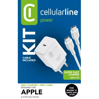 Cellularline USB-C įkroviklio rinkinys 30W – greitas įkrovimas iPhone 15 serijai
