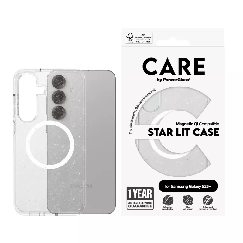 PanzerGlass CARE™ by ® Urban Combat Case Star Lit baltas, suderinamas su Qi, Samsung Galaxy S25+